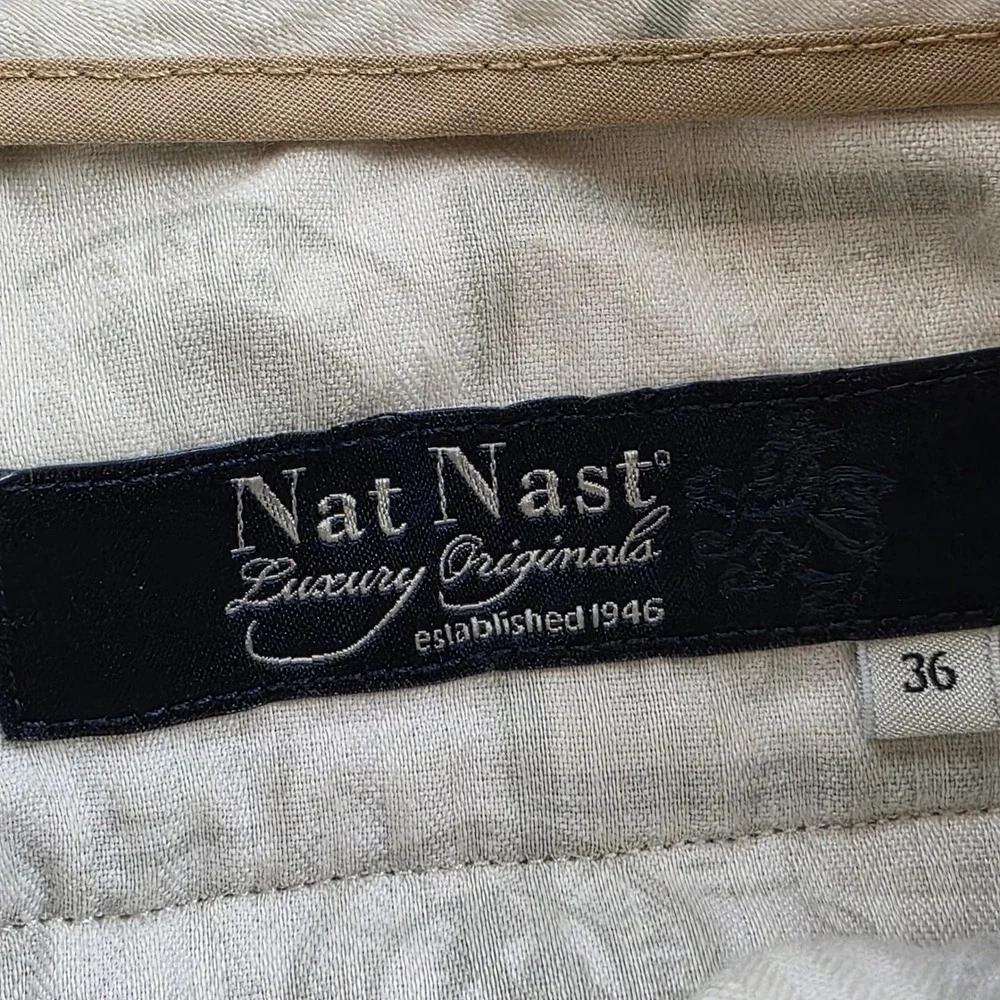 Nat Nast Pleated Trousers Mens 37x34 Cement Beige Silk Cotton Casual Classicwear